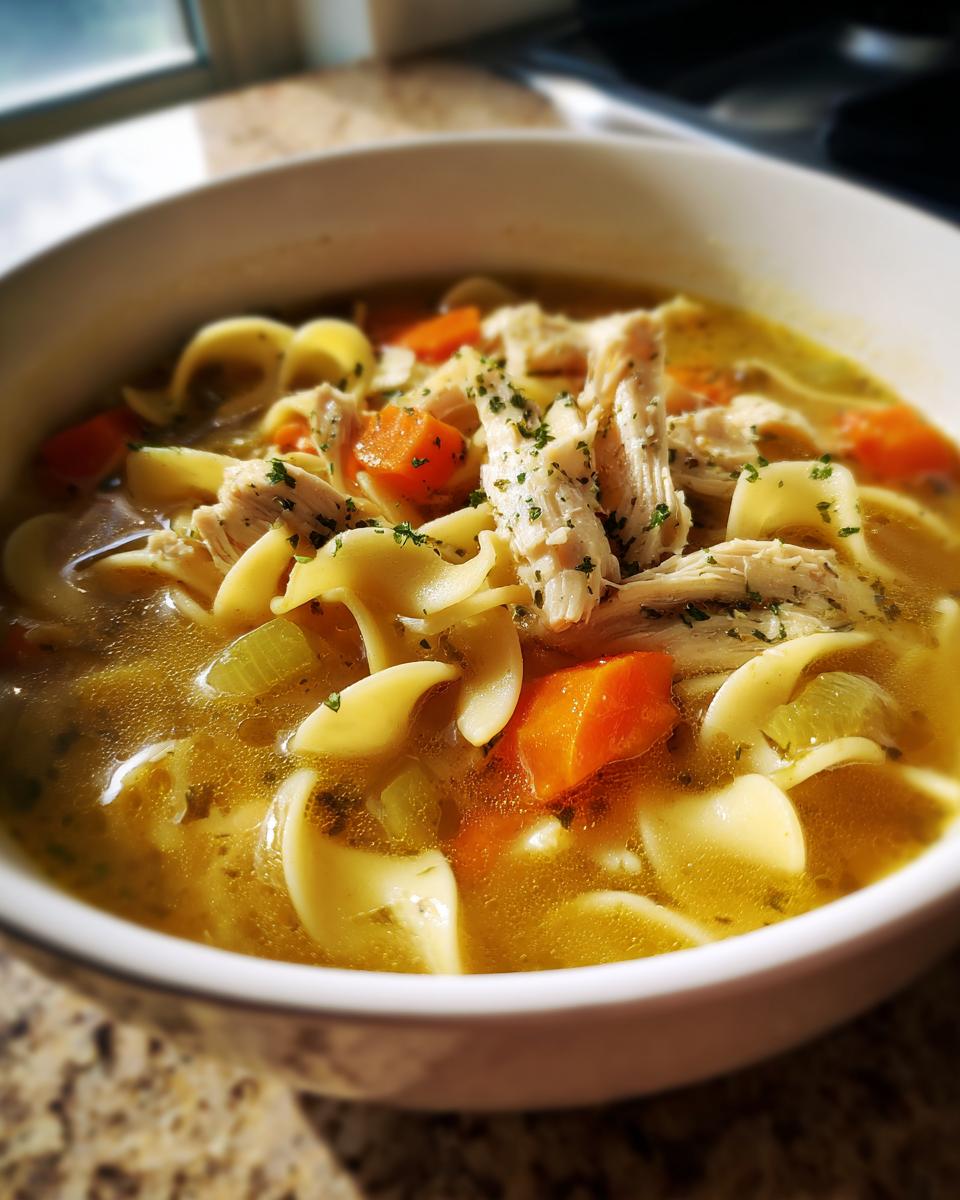 A close-up of a bowl of easy chicken noodle soup, featuring wide noodles, shredded chicken, carrots, and celery, garnished with parsley.