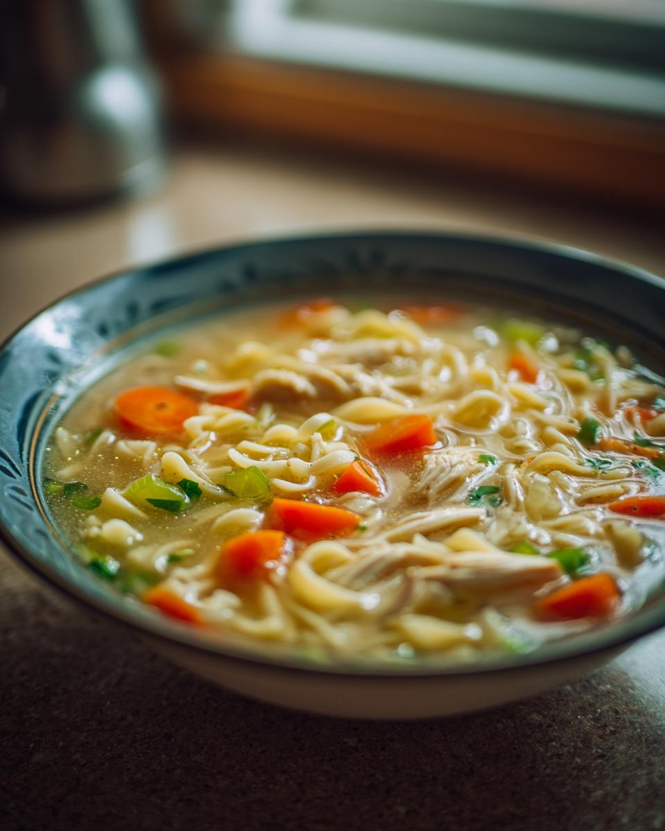 A close-up of a comforting bowl of easy chicken noodle soup with noodles, carrots, and chicken.