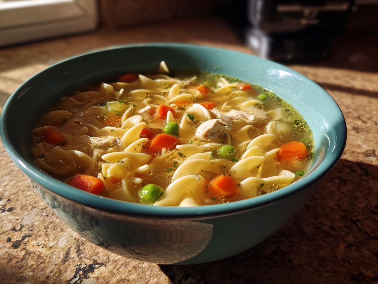 A close-up of a bowl filled with easy chicken noodle soup, featuring noodles, chicken pieces, carrots, and peas.