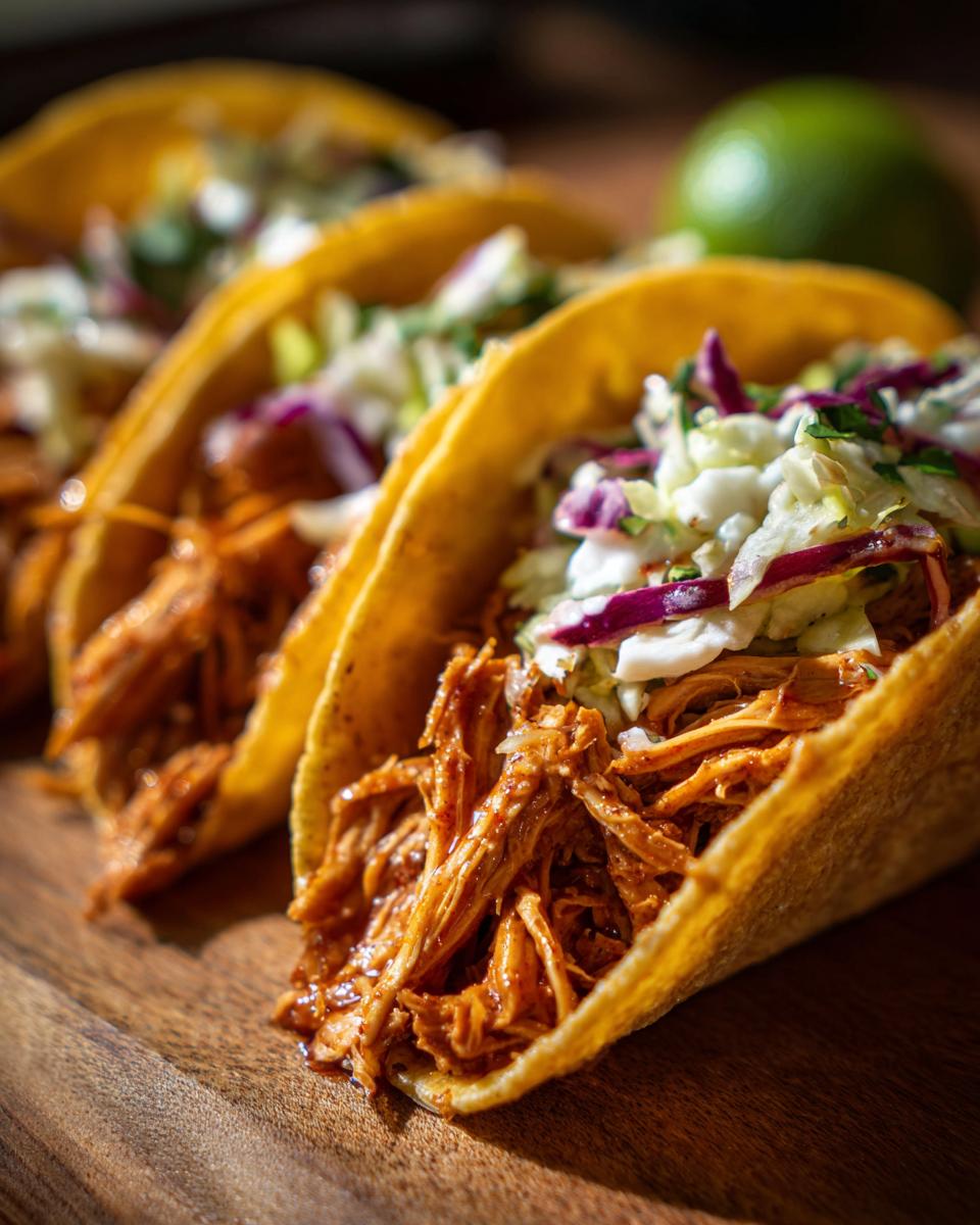 Close-up of three easy crockpot chicken tacos filled with shredded chicken and topped with coleslaw and red onion.
