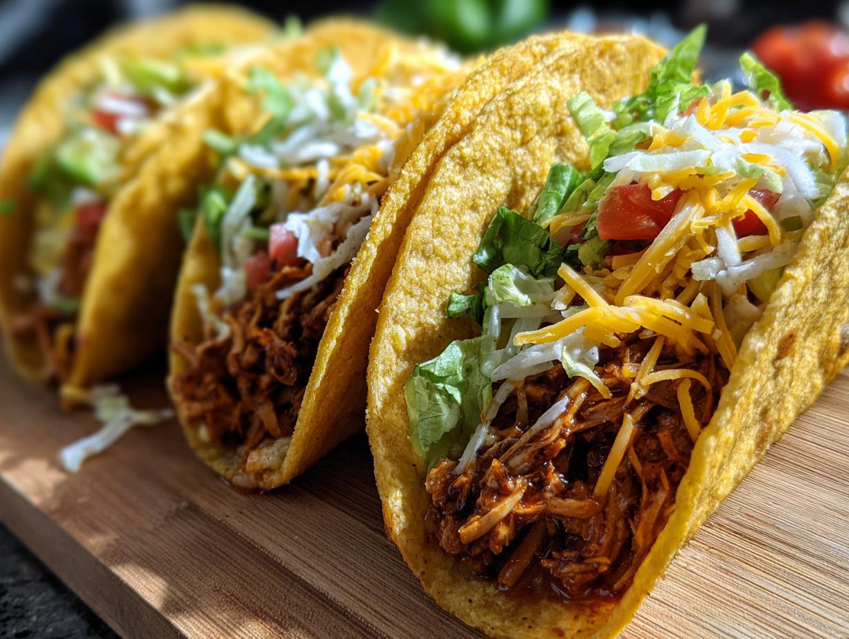 Three delicious easy crockpot chicken tacos filled with shredded chicken, lettuce, tomatoes, and shredded cheese.