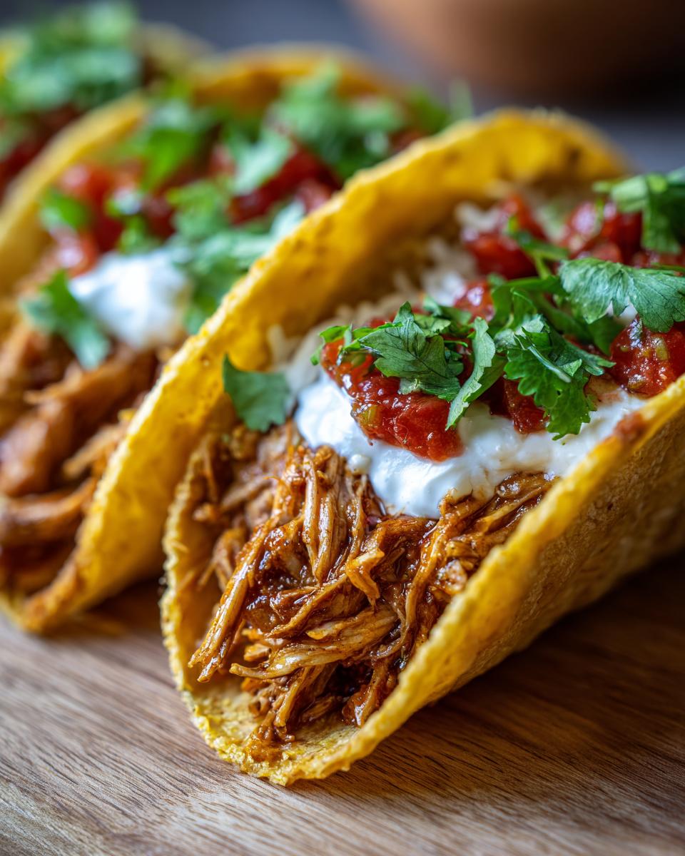 Three delicious easy crockpot chicken tacos filled with shredded chicken, topped with sour cream, salsa, and cilantro.