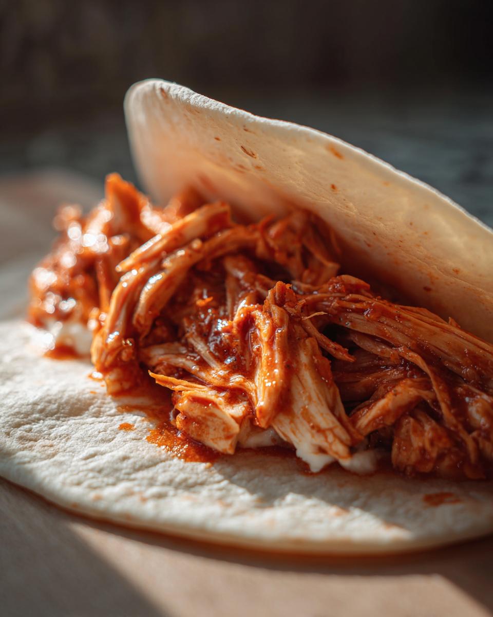Close-up of shredded chicken in a red sauce, piled onto a tortilla for easy crockpot chicken tacos.