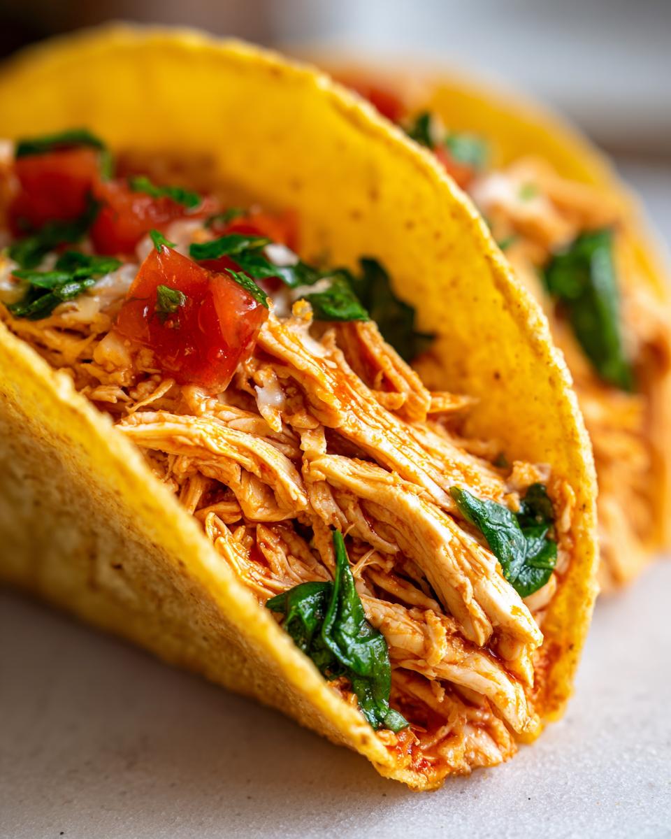 Close-up of two easy crockpot chicken tacos filled with shredded chicken, topped with diced tomatoes and spinach.