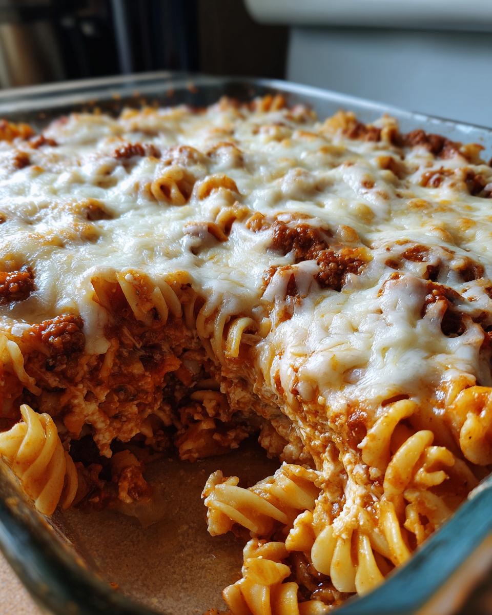 Close-up of a freshly baked easy lasagna casserole with rotini pasta, meat sauce, and melted mozzarella cheese.