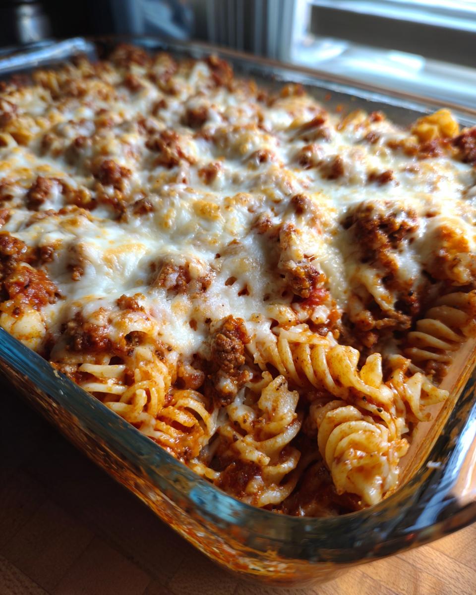 A close-up of a freshly baked easy lasagna casserole with rotini pasta, meat sauce, and melted mozzarella cheese.
