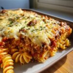 A close-up of a freshly baked easy lasagna casserole with rotini pasta, meat sauce, and melted mozzarella cheese, sprinkled with parsley.