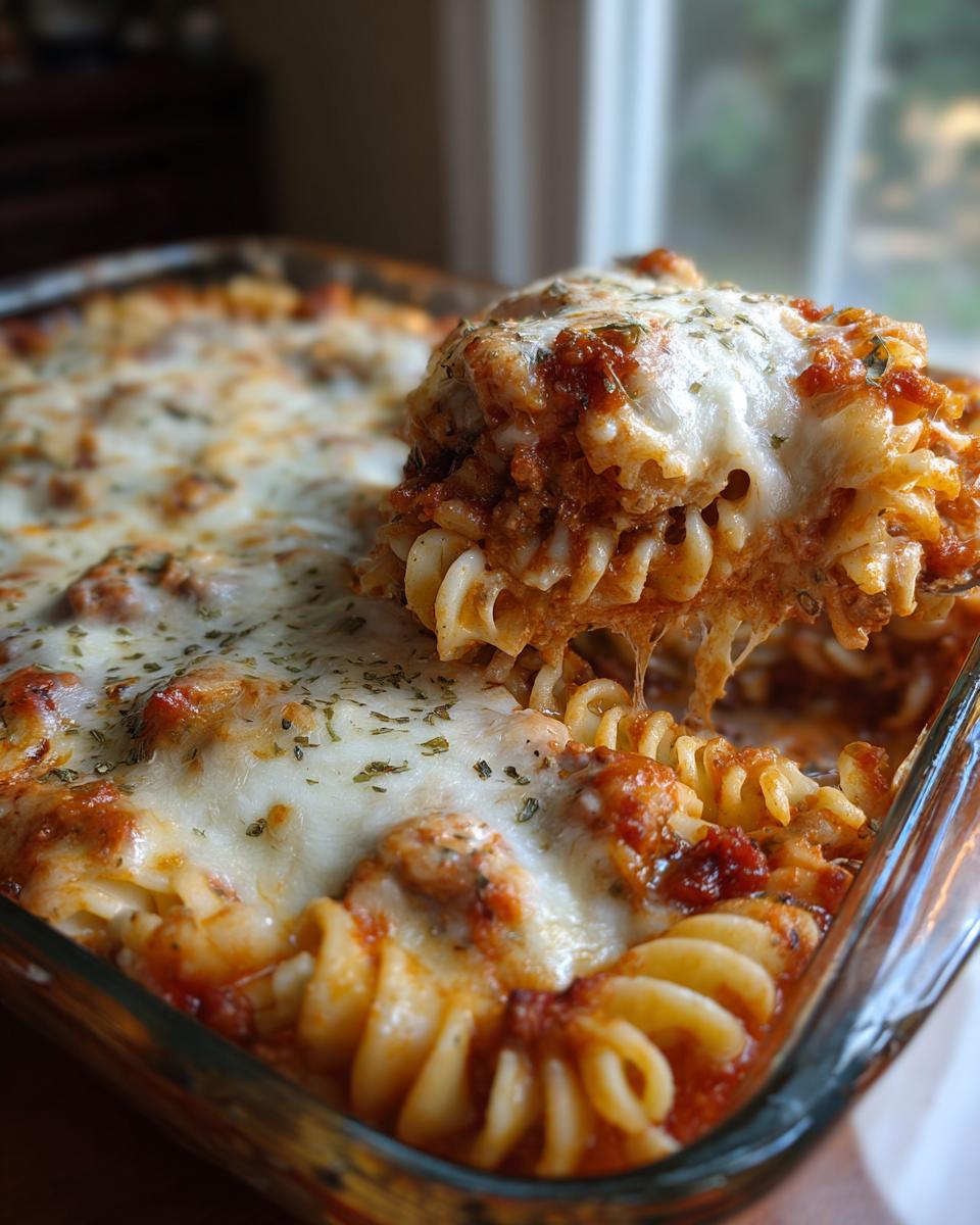 A serving spoon lifts a cheesy portion of easy lasagna casserole, showing spiral pasta and rich tomato sauce.
