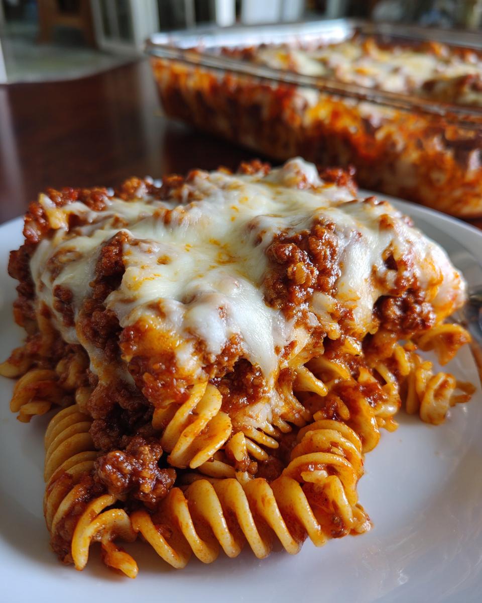 A close-up of a serving of easy lasagna casserole made with rotini pasta, meat sauce, and melted mozzarella cheese.