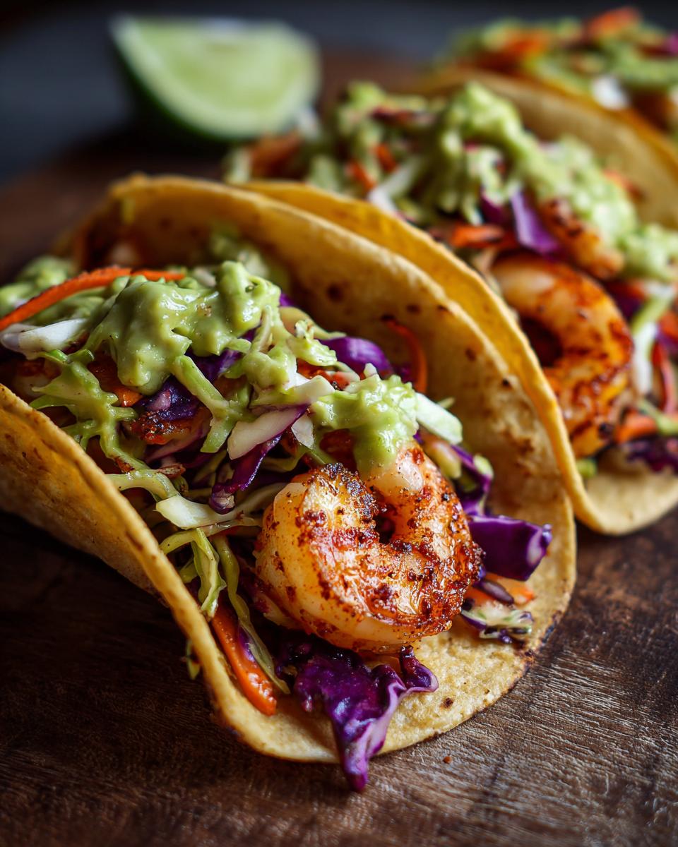 Close-up of delicious easy shrimp tacos filled with seasoned shrimp, coleslaw, and avocado sauce.