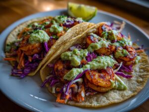 Two delicious easy shrimp tacos filled with seasoned shrimp, shredded cabbage, carrots, and topped with avocado crema.