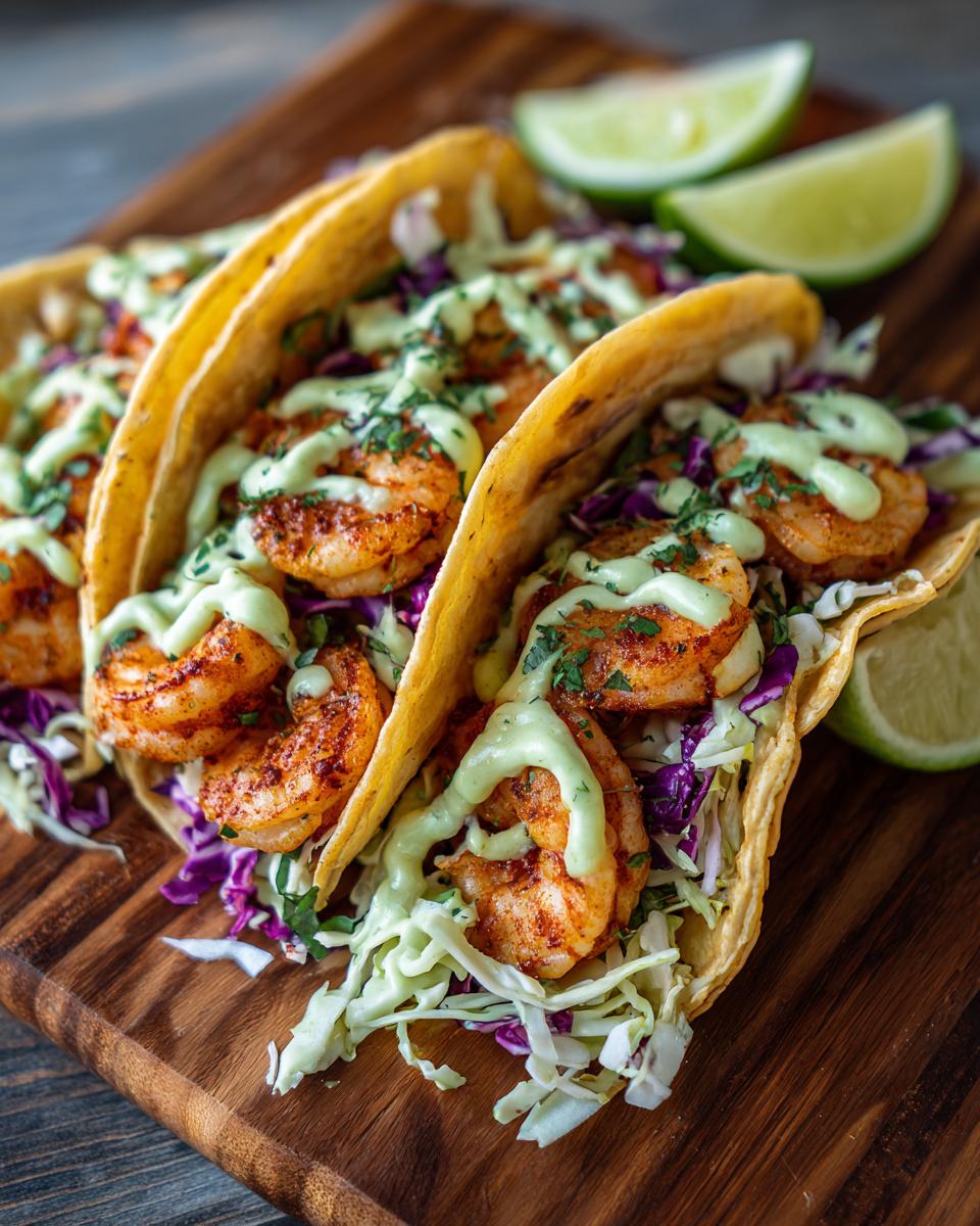 Three easy shrimp tacos filled with seasoned shrimp, shredded cabbage, and drizzled with a creamy green sauce, served with lime wedges.
