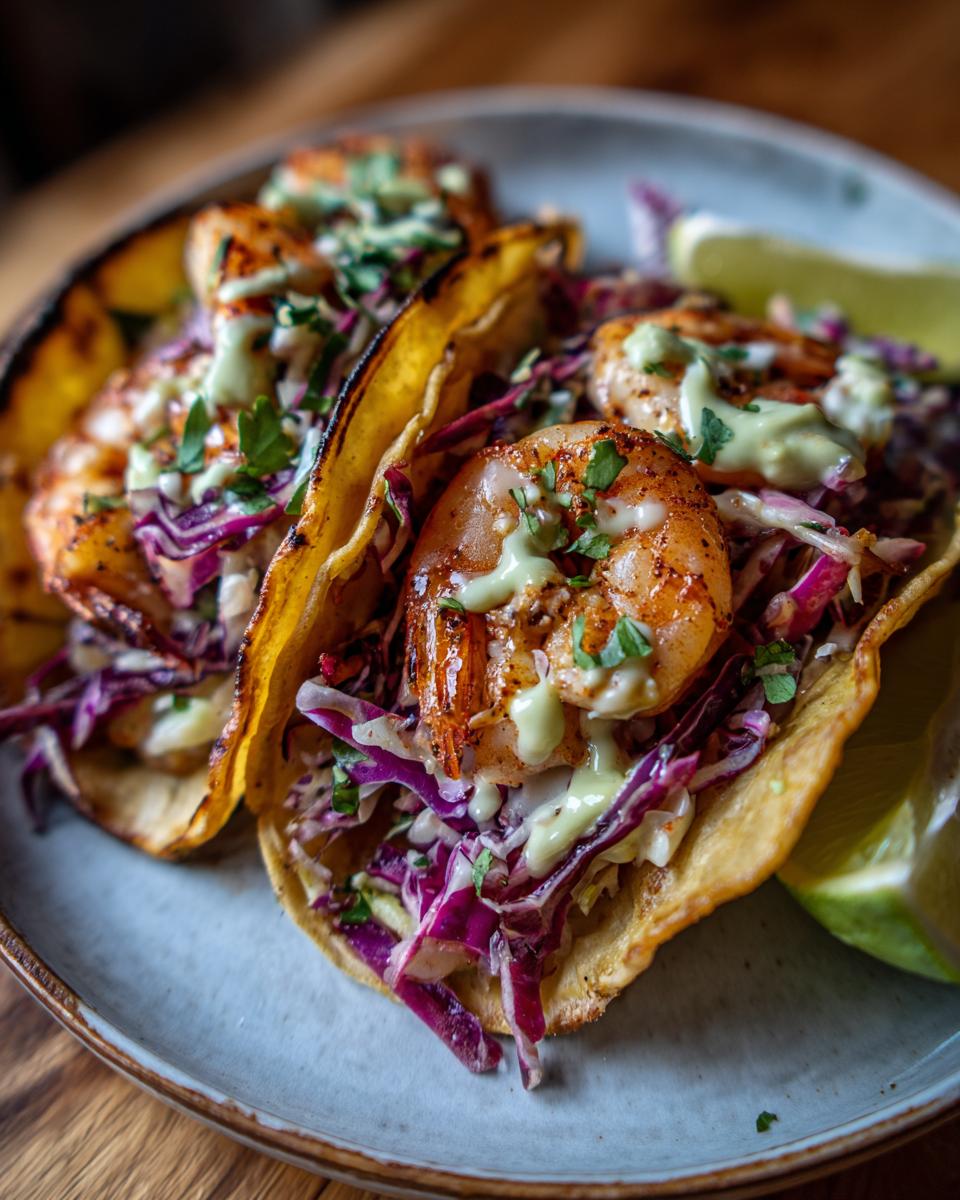 Close-up of two delicious easy shrimp tacos filled with seasoned shrimp, red cabbage slaw, and drizzled with a creamy sauce, served with lime wedges.