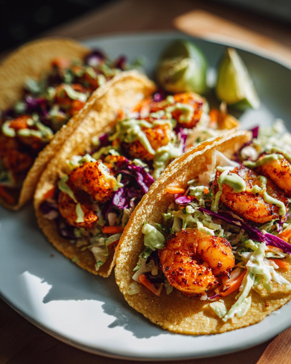 Three delicious easy shrimp tacos filled with seasoned shrimp, shredded cabbage, and drizzled with a creamy sauce, served with lime wedges.