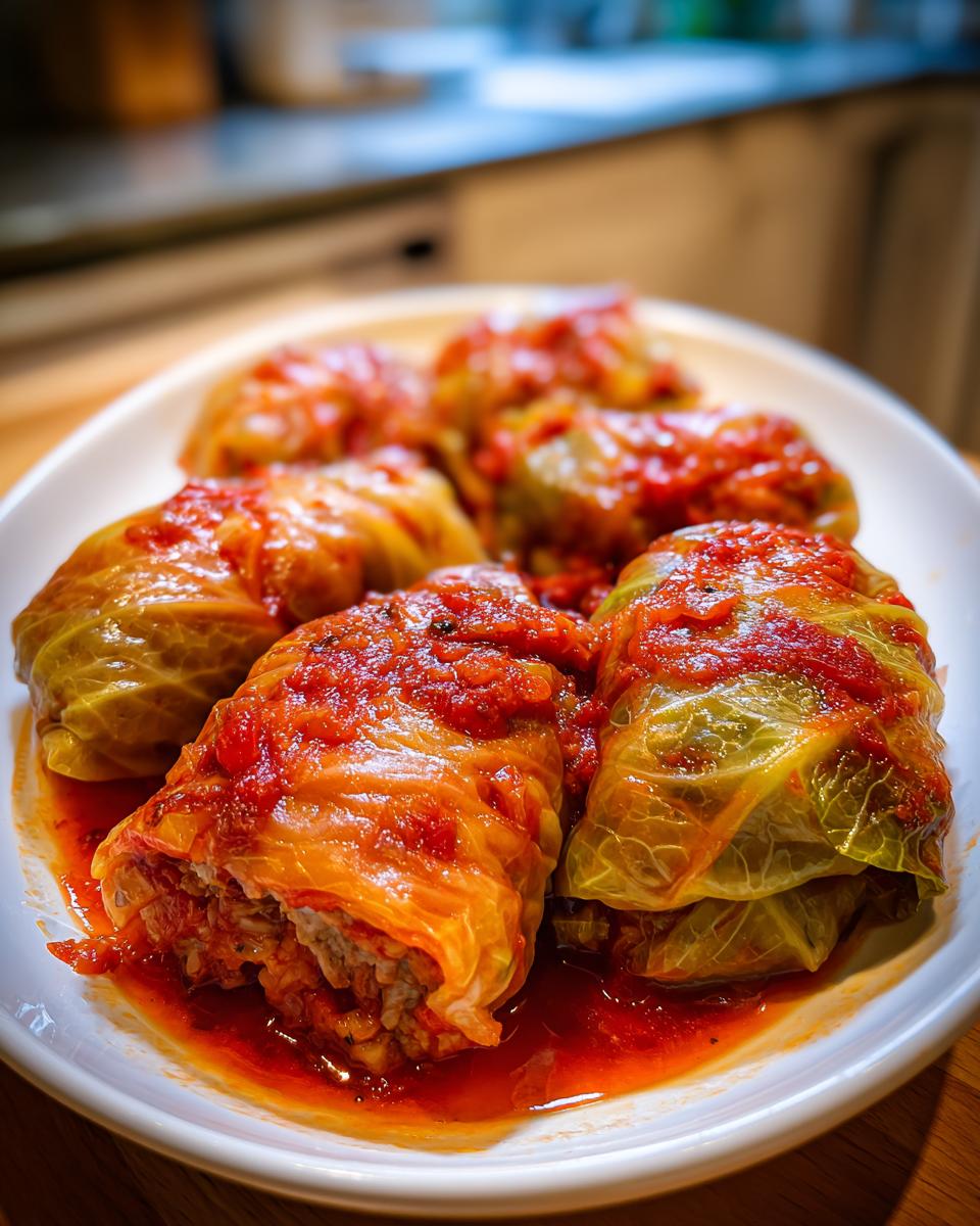 A close-up of several stuffed cabbage rolls generously topped with a rich tomato sauce, served on a white plate.