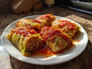 A plate of five delicious stuffed cabbage rolls topped with a rich tomato sauce.