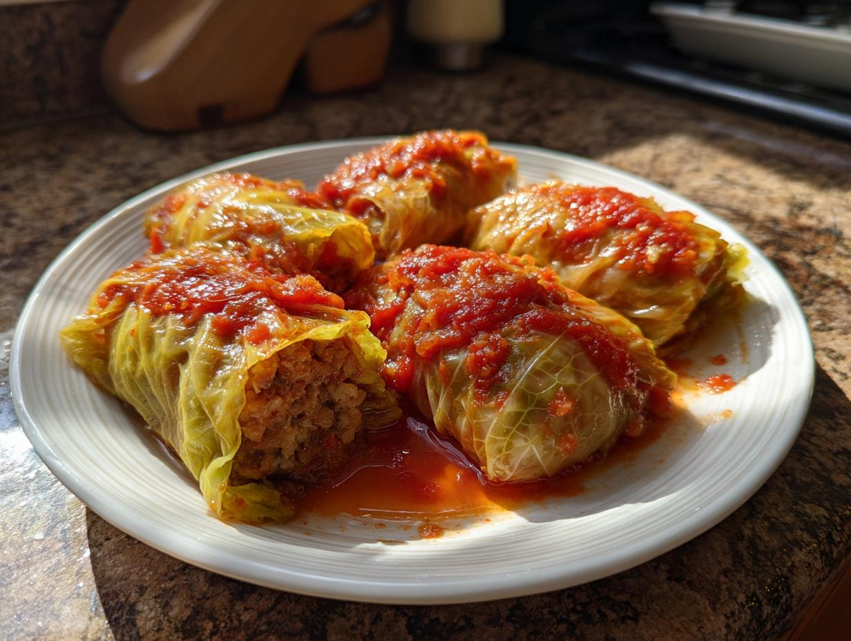 A plate of five delicious stuffed cabbage rolls topped with a rich tomato sauce.