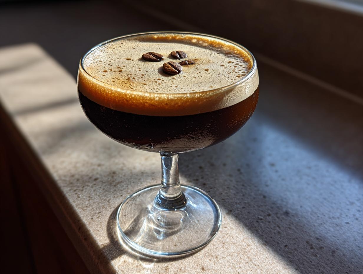 A close-up of a perfectly crafted espresso martini with a thick layer of foam and three coffee beans on top.