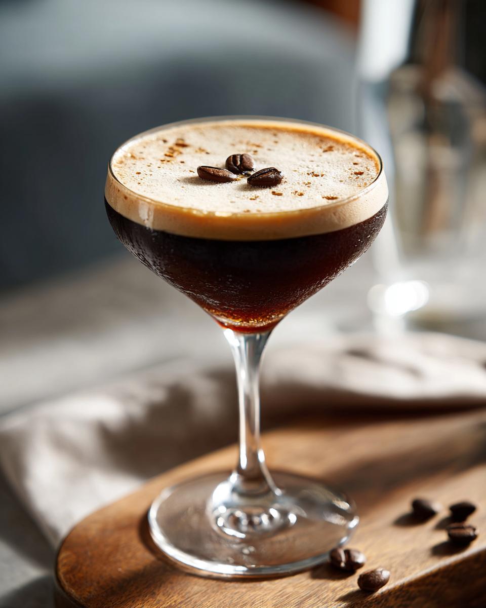 A perfectly crafted espresso martini topped with foam and three coffee beans, ready to be enjoyed.