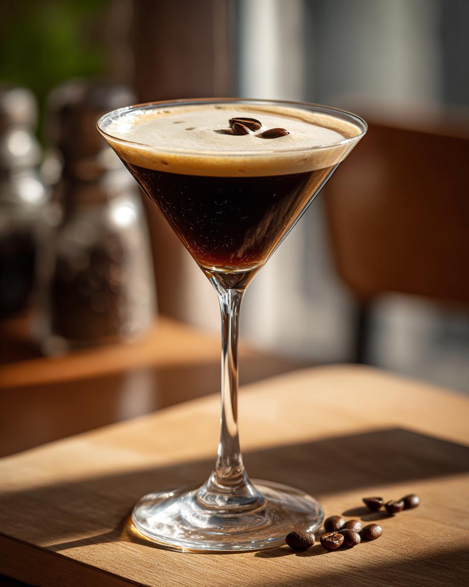 A close-up of a perfectly crafted espresso martini with a thick layer of foam and three coffee beans on top.