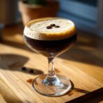A perfectly crafted espresso martini with a thick layer of foam, garnished with three coffee beans.