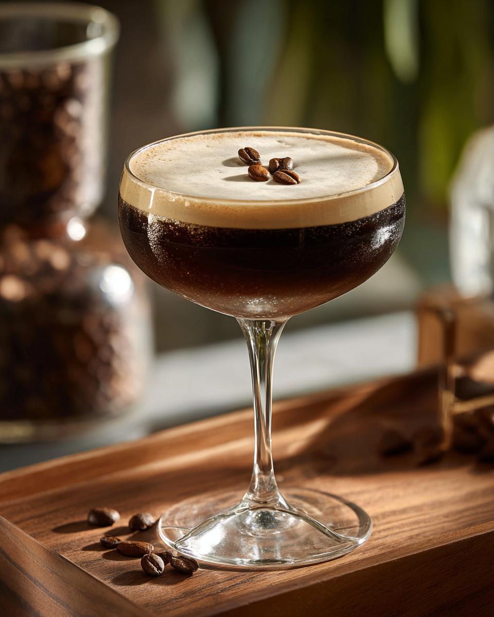 A close-up of a perfectly crafted espresso martini with a thick layer of foam, garnished with coffee beans.