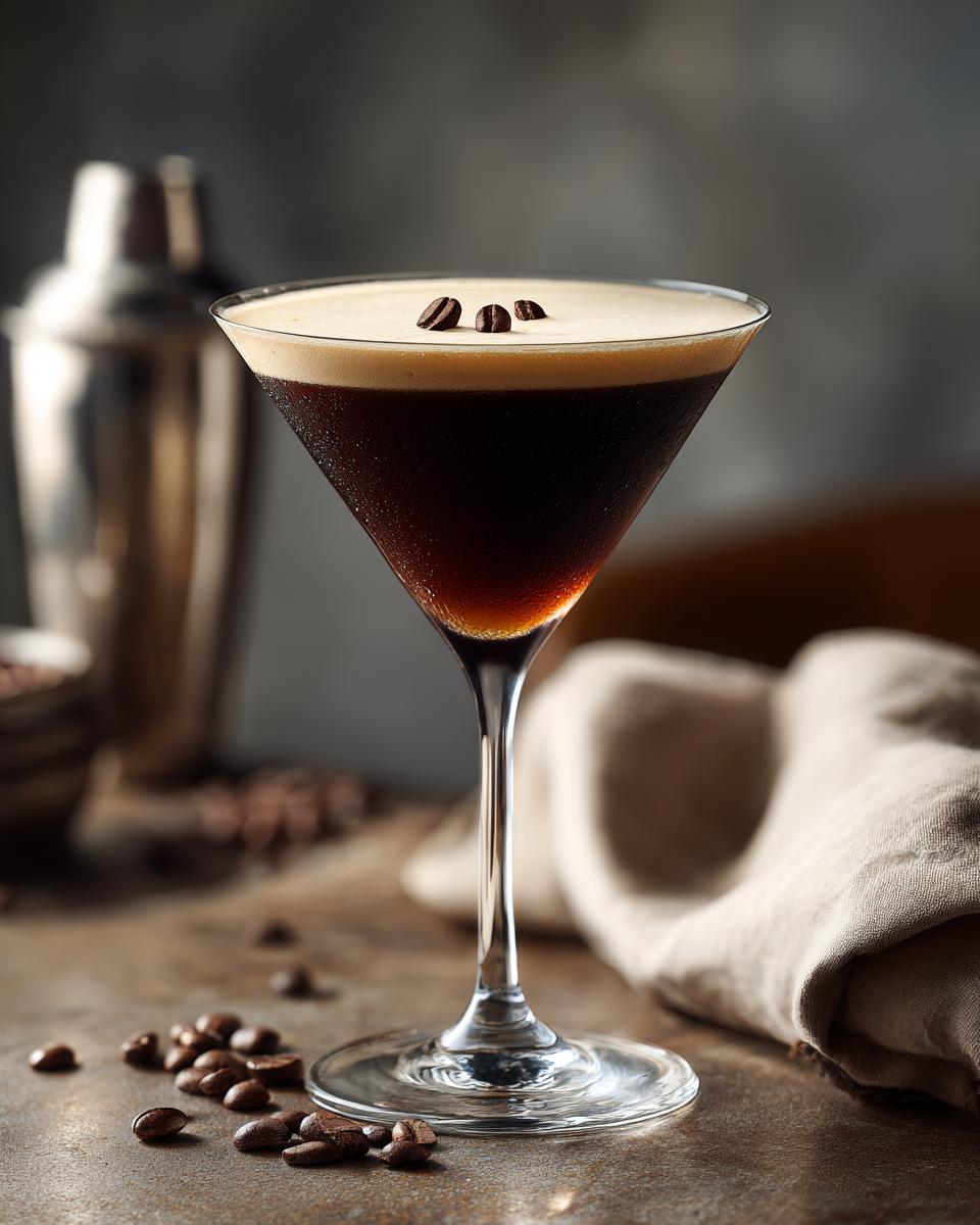 A perfectly crafted espresso martini with rich dark liquid and a thick layer of creamy foam, garnished with three coffee beans.