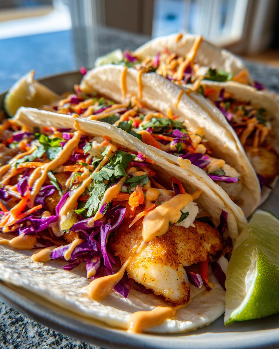 Close-up of three fish tacos with slaw, drizzled with sauce and garnished with cilantro and lime wedges.