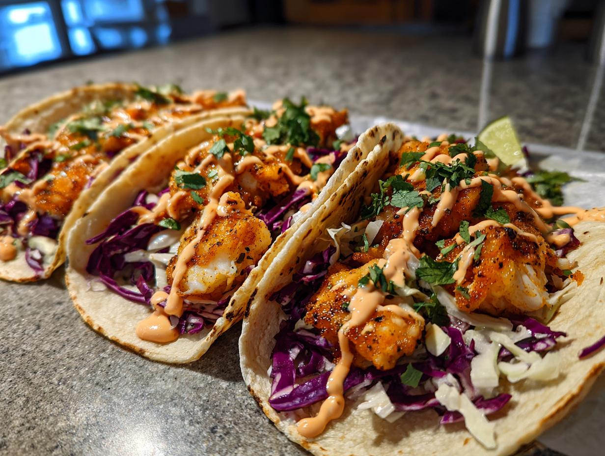 Close-up of three fish tacos filled with flaky white fish, red cabbage slaw, and drizzled with a creamy sauce, garnished with cilantro.