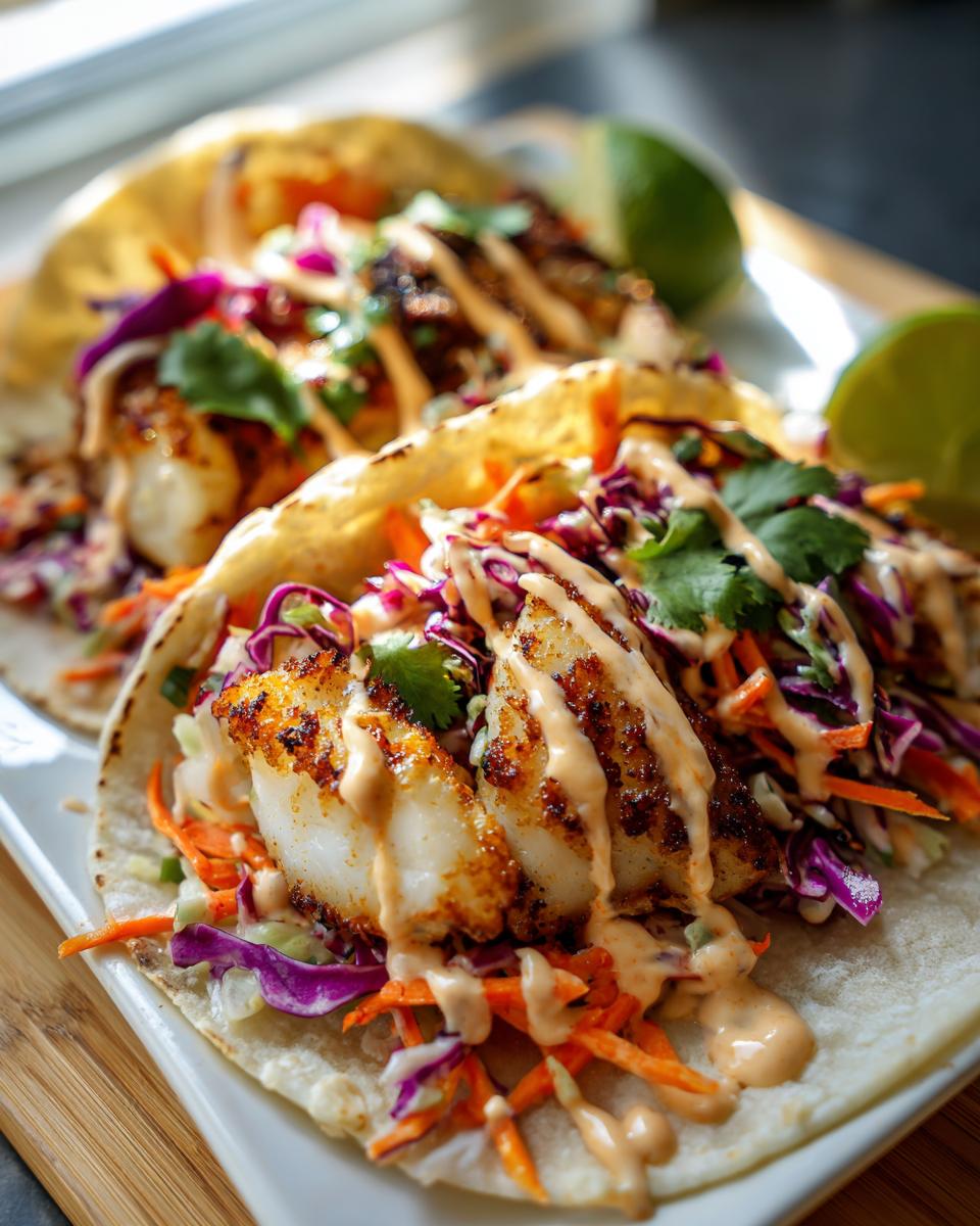 Close-up of two fish tacos with shredded red cabbage, carrots, cilantro, and a creamy sauce.