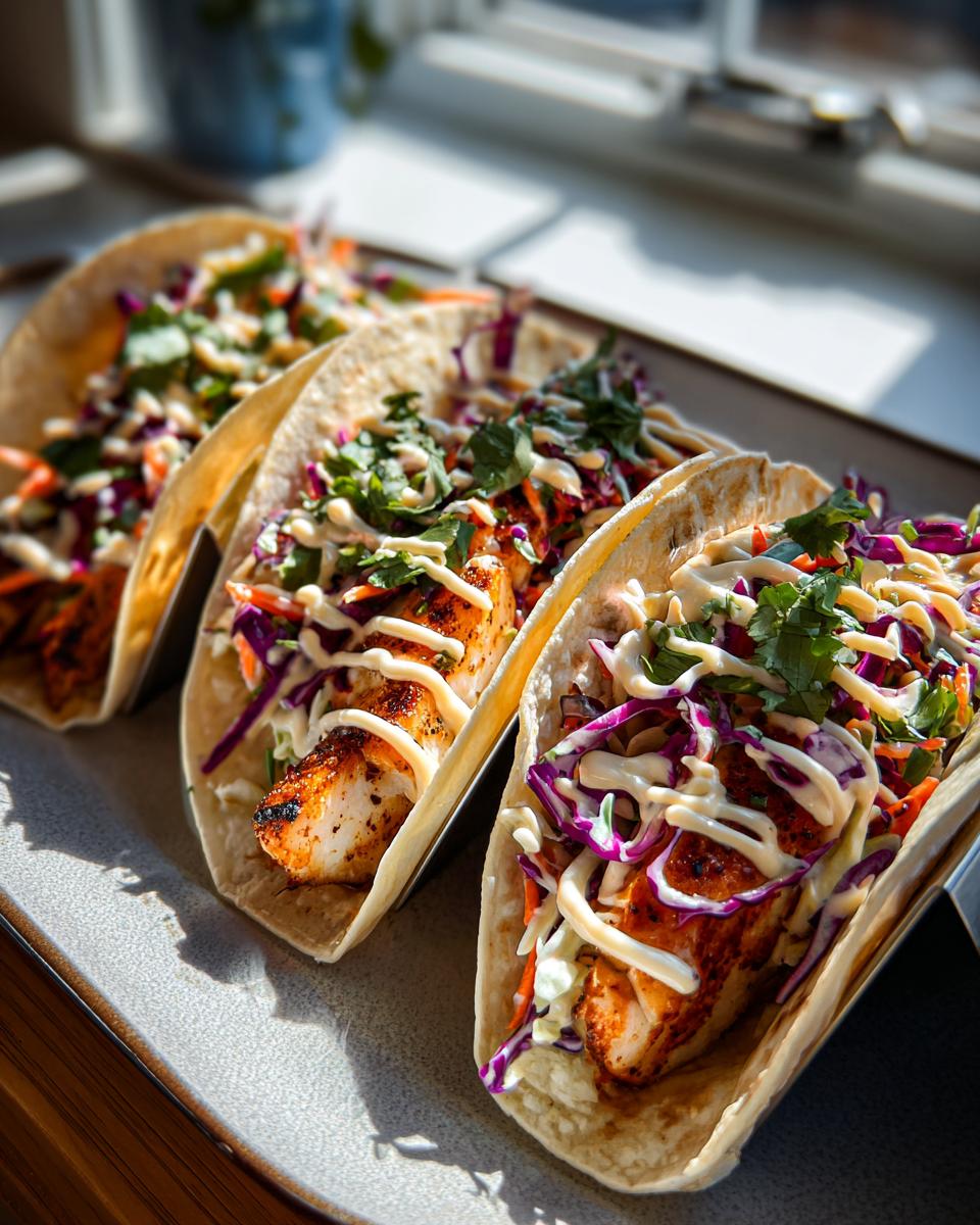Three delicious fish tacos with slaw, seasoned fish, and creamy sauce on a plate.