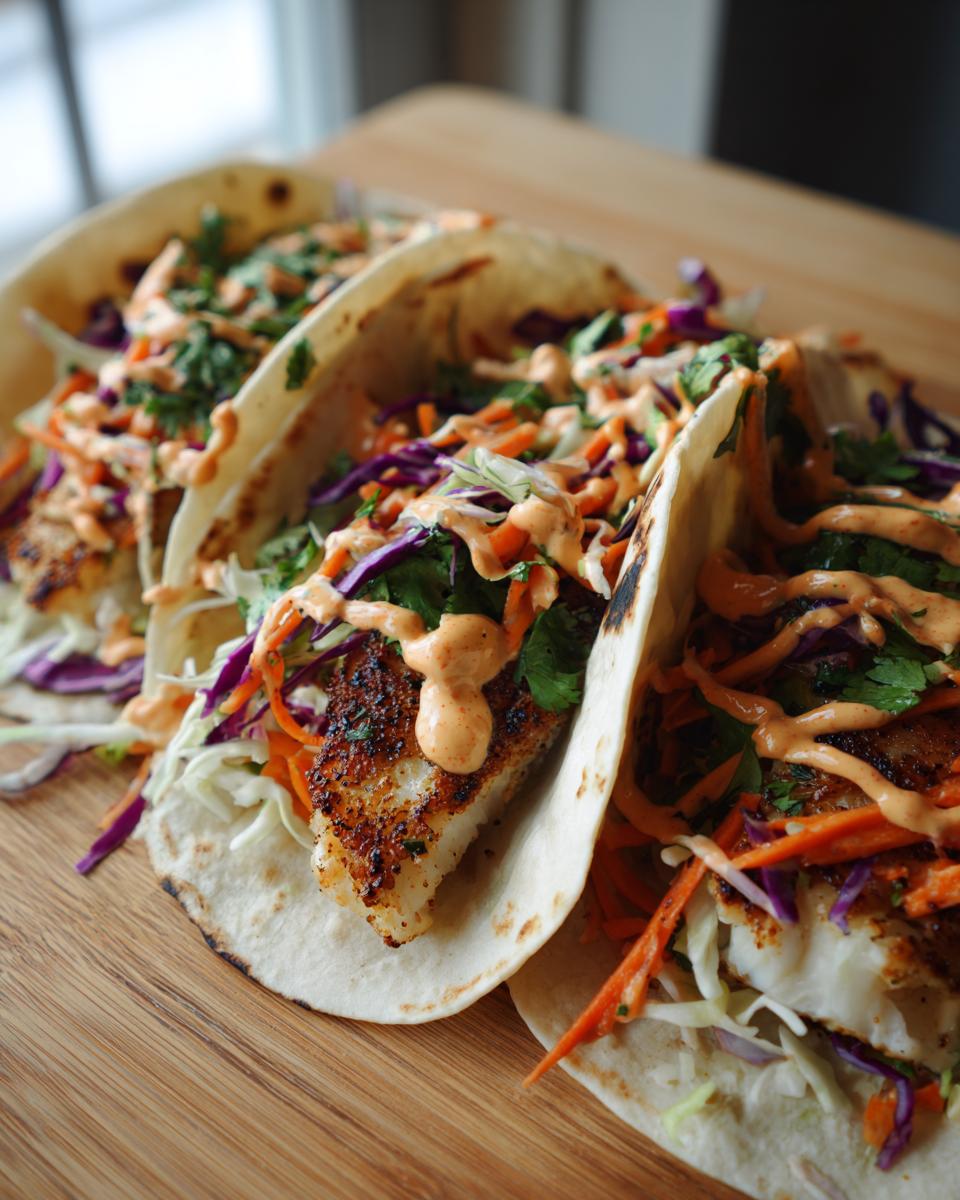 Three delicious fish tacos with slaw, featuring flaky white fish, shredded cabbage, carrots, cilantro, and a creamy sauce.