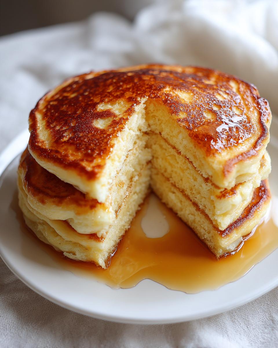 A stack of fluffy buttermilk pancakes drizzled with maple syrup on a white plate.