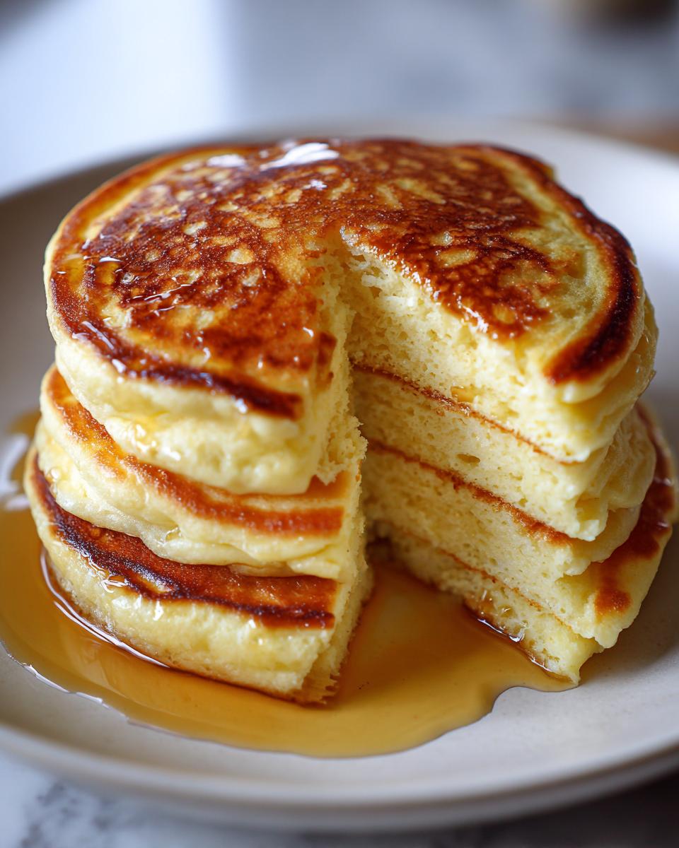 A close-up of a stack of fluffy buttermilk pancakes drizzled with golden syrup.