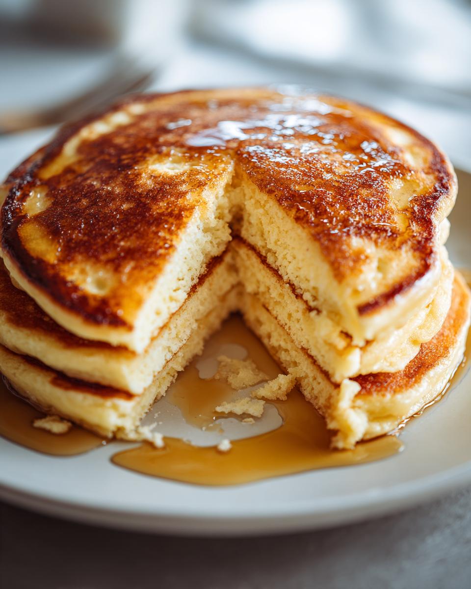 A stack of fluffy buttermilk pancakes, cut in half, with golden syrup pooling around them.