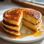 A stack of golden-brown fluffy buttermilk pancakes drizzled with syrup on a white plate.