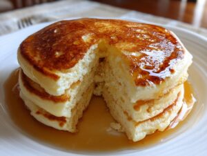 A close-up of a stack of fluffy buttermilk pancakes drizzled with golden syrup.
