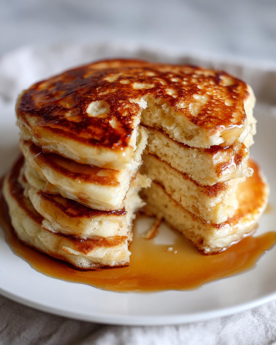 A stack of fluffy buttermilk pancakes drizzled with golden syrup on a white plate.