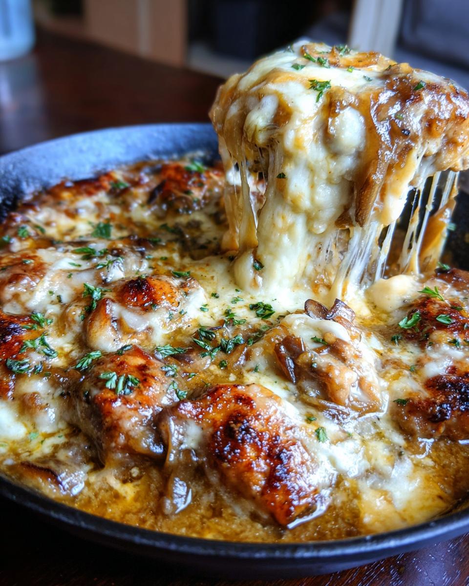 A close-up shot of a serving spoon lifting a piece of French onion chicken skillet, showcasing a generous cheese pull and herbs.