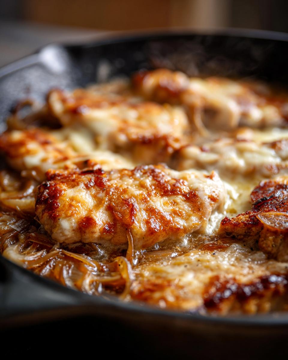 A close-up view of golden-brown French Onion Chicken Skillet cooking in a cast iron pan.