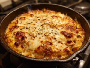 A close-up of a bubbling French onion chicken skillet, topped with melted golden brown cheese and herbs.
