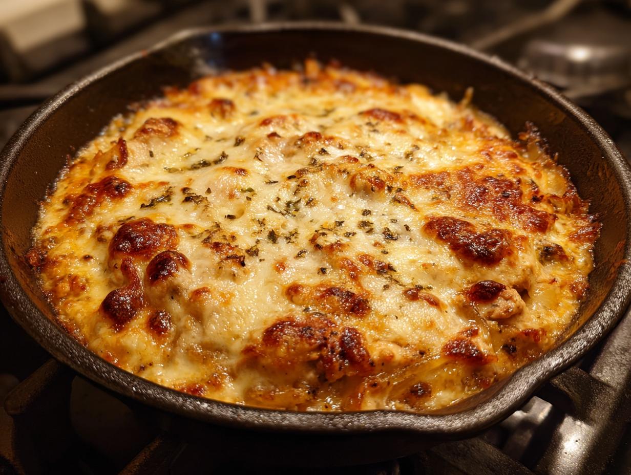 A close-up of a bubbling French onion chicken skillet, topped with melted golden brown cheese and herbs.