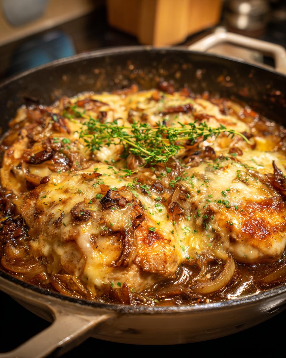 Close-up of a French onion chicken skillet with melted cheese and fresh thyme.