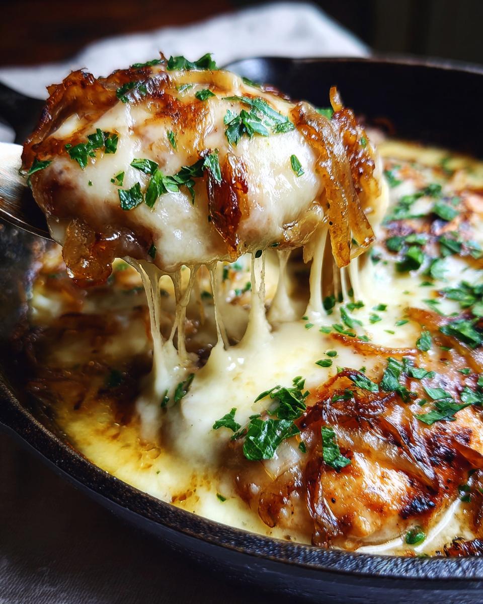 A spoonful of French onion chicken skillet with gooey melted cheese and fresh parsley.