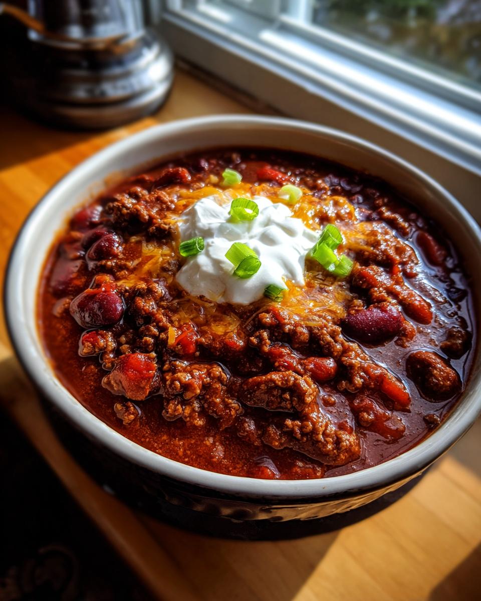 A close-up of a bowl of rich, hearty game day chili topped with sour cream, shredded cheese, and chopped green onions.