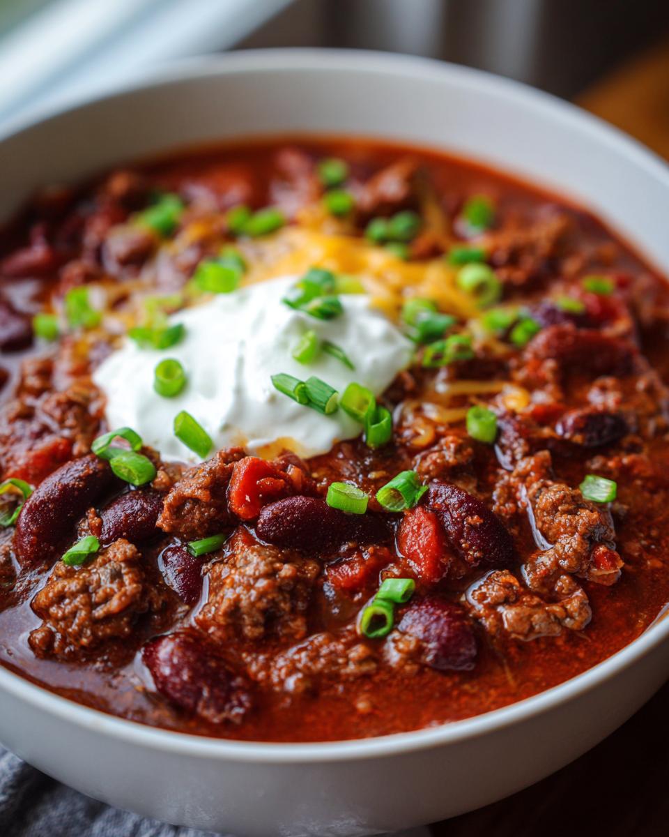 A close-up of a bowl of hearty game day chili, topped with sour cream, shredded cheese, and chopped green onions.