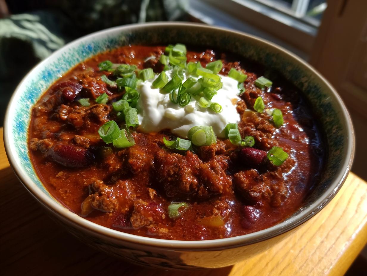 A close-up of a steaming bowl of game day chili, topped with sour cream and chopped green onions.