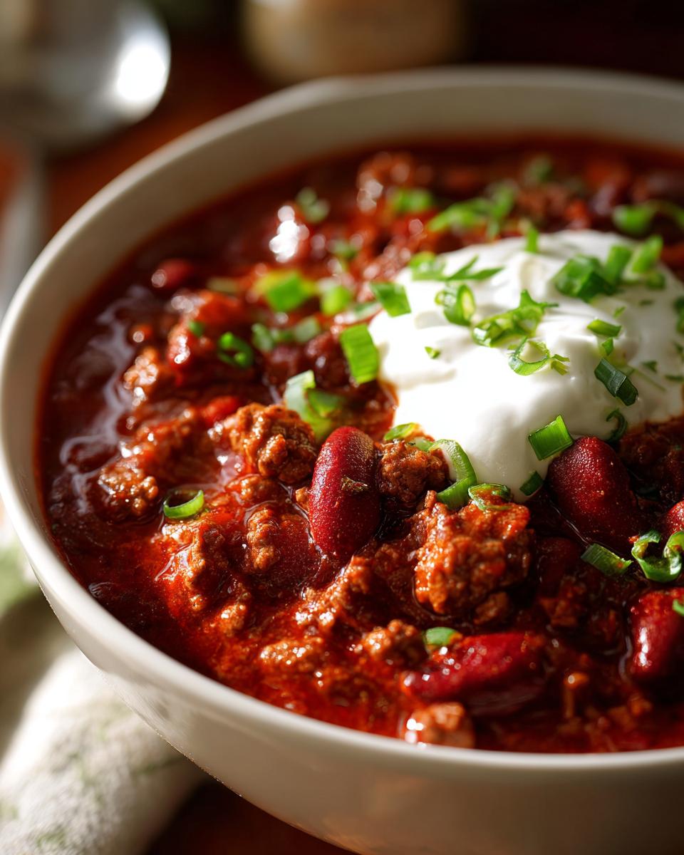 A close-up of a bowl of rich, hearty game day chili topped with a dollop of sour cream and chopped green onions.