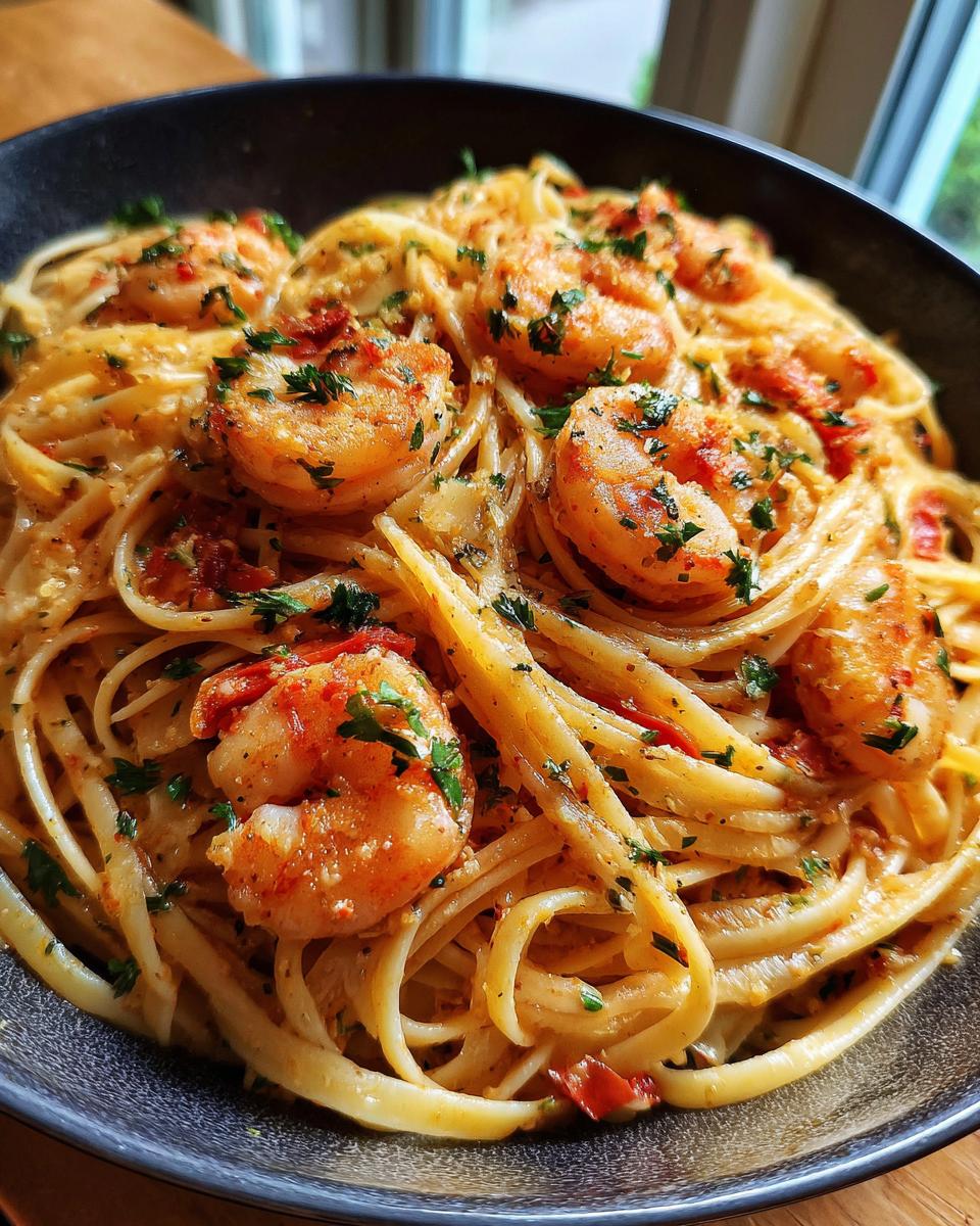 A close-up view of a bowl filled with garlic butter shrimp pasta, garnished with fresh parsley.