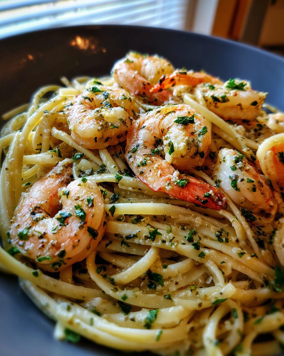 A close-up view of a bowl of garlic butter shrimp pasta, featuring linguine noodles topped with succulent shrimp and fresh parsley.